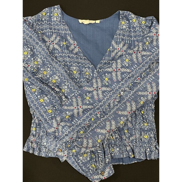 ~Anthropologie Forever That Girl S Embroidered Smocked Blouse Blue Faux Wrap Top - Picture 12 of 16
